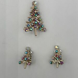 VTG Set Christmas Tree Brooch and Clip on Earrings Silver tone Multi Rhinestone